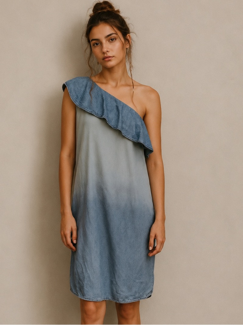 Mossimo Blue Sheath Ruffle One Shoulder Lyocell Chambray Denim Dress Sz Sml